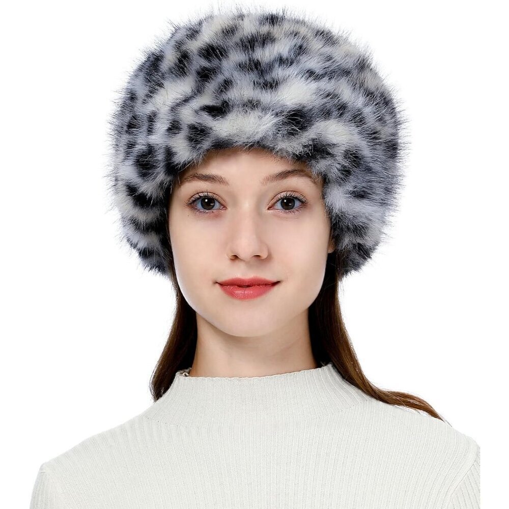 Women's Black Leopard Winter Faux Fur Cossak Russian Style Hat Warm Cap